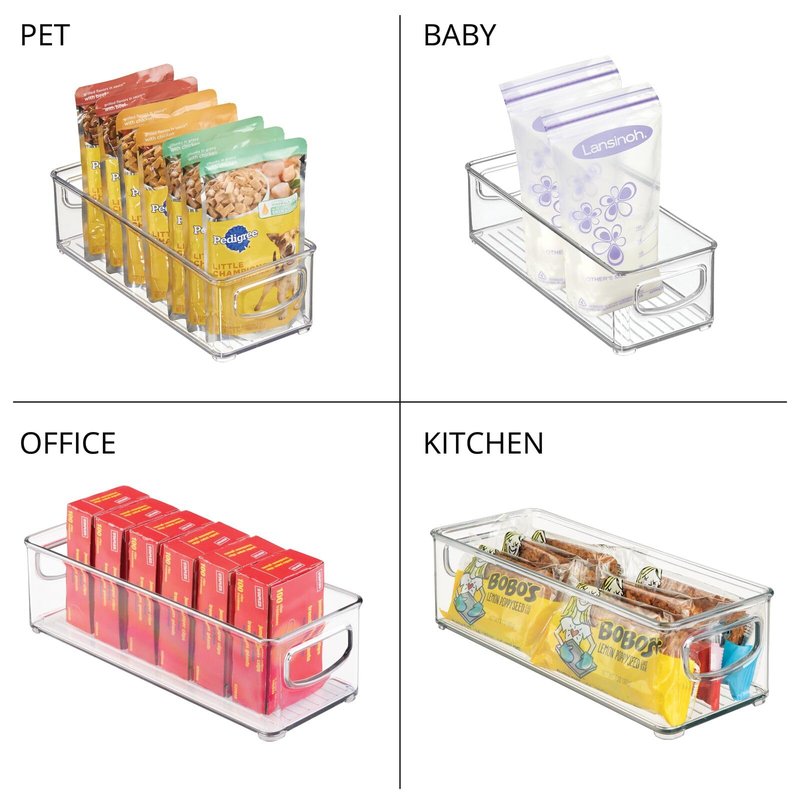 mDesign Plastic Stackable Small Organizing Bin Kitchen Pantry Cabinet, Refrigerator, Freezer Food Organization Storage Bins with Handles, Drawer Container Organizer, Ligne Collection, 4 Pack - Clear