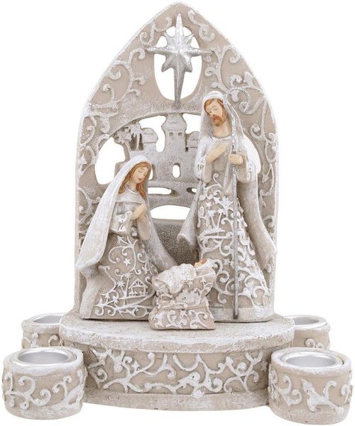 Holy Family Ivory Lace Nativity Scene - 7-Inch Resin Dolomite Advent Candle Holder