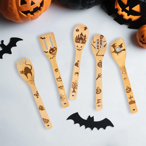 5 Pcs Halloween Kitchen Utensils Wooden Spoons Set-（with Aprons）Kitchen Cooking Utensils Set,Suitable for Home Halloween Kitchen Decor or Home Baking Championship-Gift-Ready
