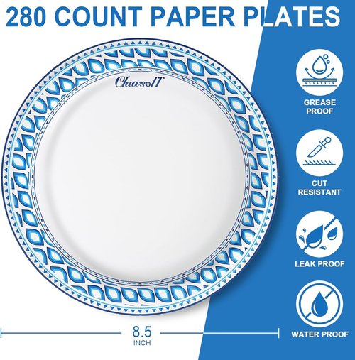 Clawsoff 280 Count Heavy Duty 8.5 Inch Paper Plates - Soak Proof & Cut Proof Disposable Dinnerware