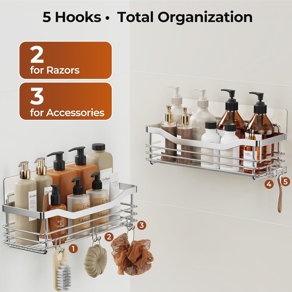 Orimade Shower Caddy - Wall-Mounted Storage Rack | Rust-Resistant Stainless Steel, Pack of 2 with 5 Hooks