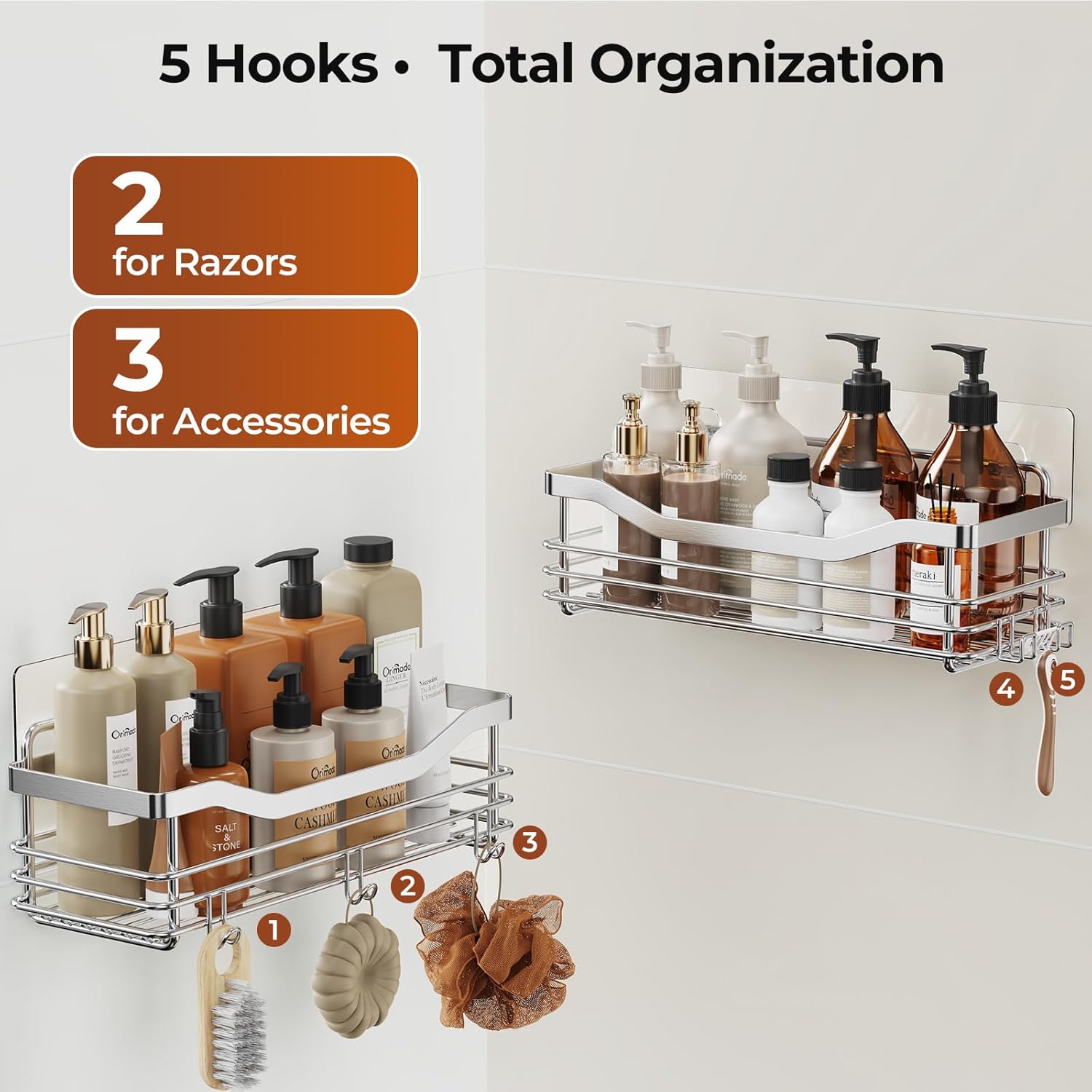 Orimade Shower Caddy - Wall-Mounted Storage Rack | Rust-Resistant Stainless Steel, Pack of 2 with 5 Hooks