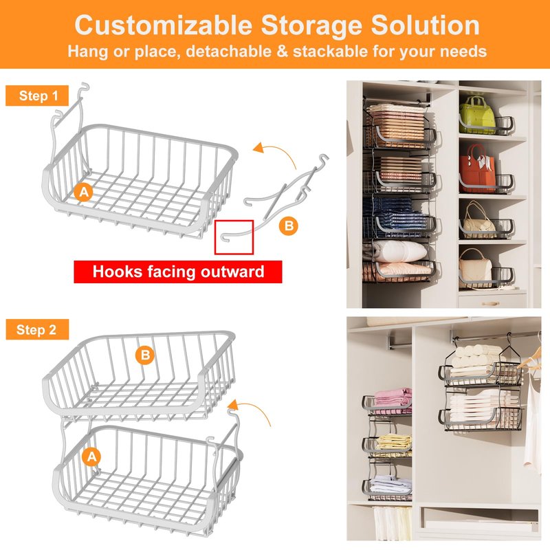 Metal Closet Hanging Organizer, 4 Tier Stackable Closet Organizers and Storage, Sturdy Clothes Hanging Shelves, Wire Storage Basket for Clothing Pants Coat Sweaters Handbags Hats, RV Pantry Organizer