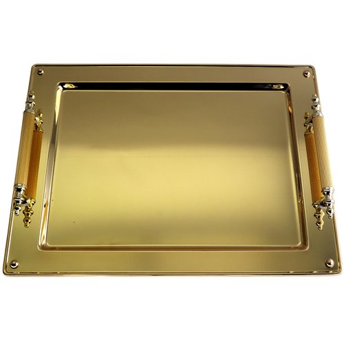 Maro Megastore (Pack of 2) 17.4 inch x 13 inch Rectangular Iron Gold Plated Serving Tray with Handles Simple Stylish Decorative Birthday Wedding Buffet Wine Decor Platter Plate Base Dish FST-001