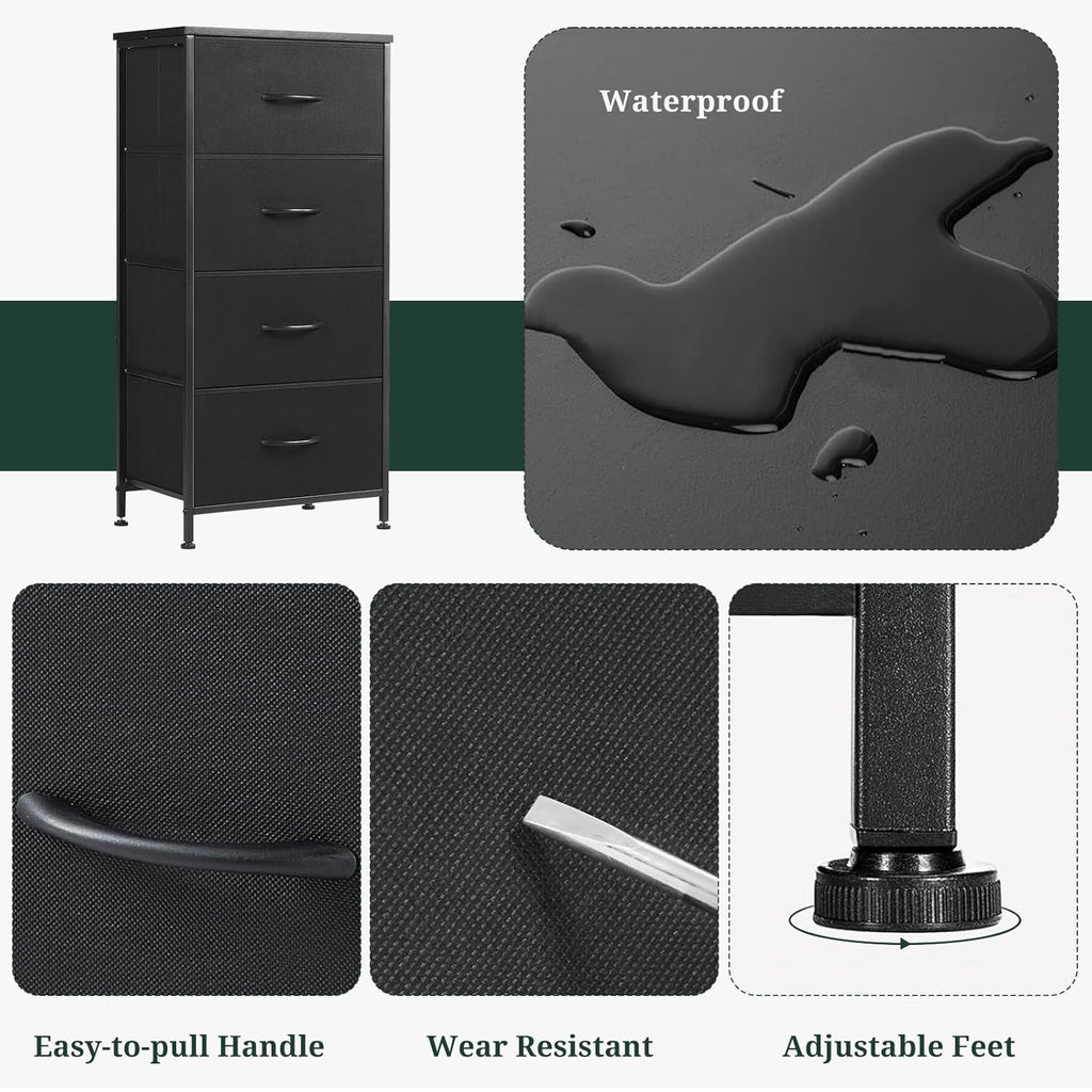 Regine Switzerland 4-Drawer Nightstand - Stylish Bedside Table with Wooden Top & Fabric Bins | Black