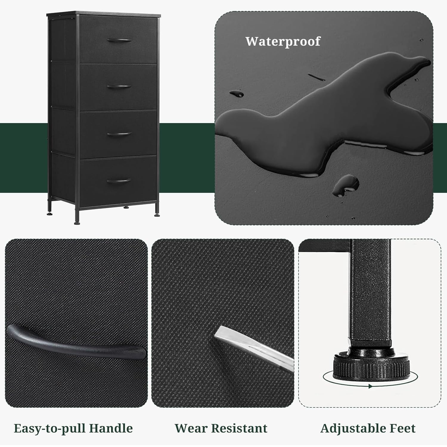 Regine Switzerland 4-Drawer Nightstand - Stylish Bedside Table with Wooden Top & Fabric Bins | Black