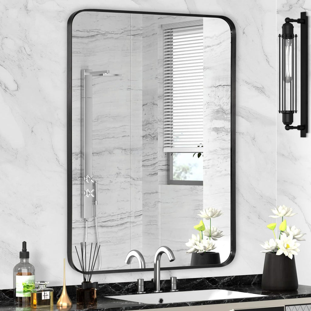 Regine Switzerland Black Framed Bathroom Mirror - Matte Rounded Corner Vanity Mirror | 24" x 32", Anti-Rust, Tempered Glass
