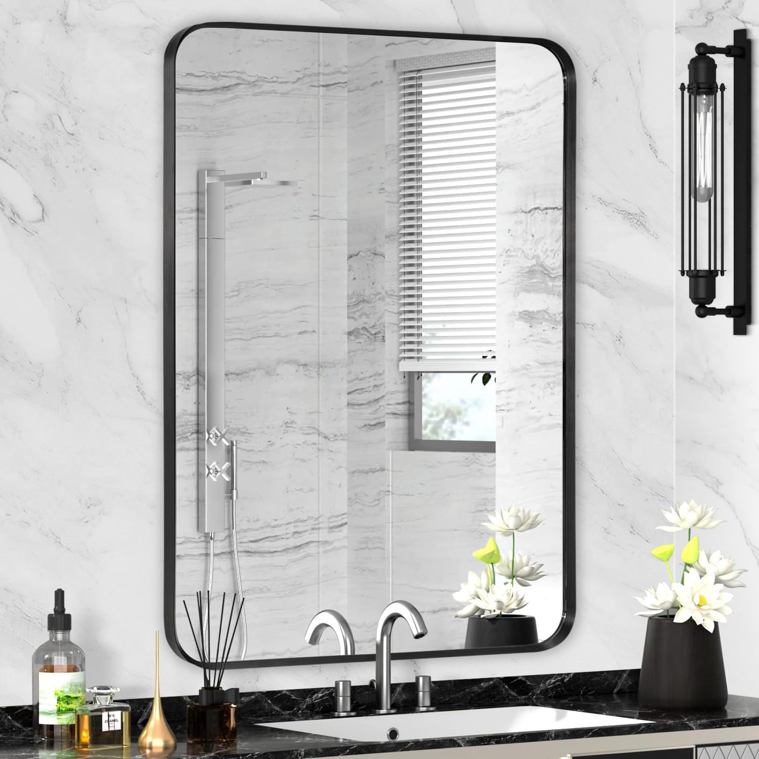 Regine Switzerland Black Framed Bathroom Mirror - Matte Rounded Corner Vanity Mirror | 24" x 32", Anti-Rust, Tempered Glass