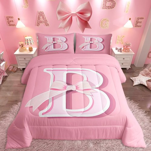 jejeloiu Pink Bow Bedding Set, Gifts for Women Teen Girl,Full Size, Decor Monogrammed Bedding Set, Personalized Initial B Ultra Soft Comforter Modern Fashion,Duvet Set Room Decor Quilt Set