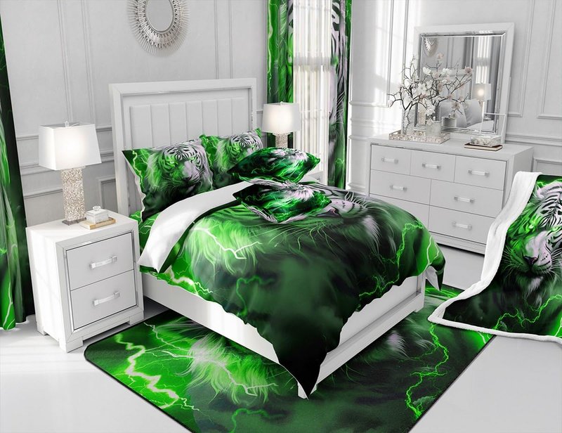 Castle Fairy 3D Tiger Comforter Set Queen Size,Neon Green Lightning Bedding Set White Black Tiger Wild Animals Quilt Set 3Pcs for Kids Boys Teens Adult Room Decor, Duvet Insert,2 Pillowcases