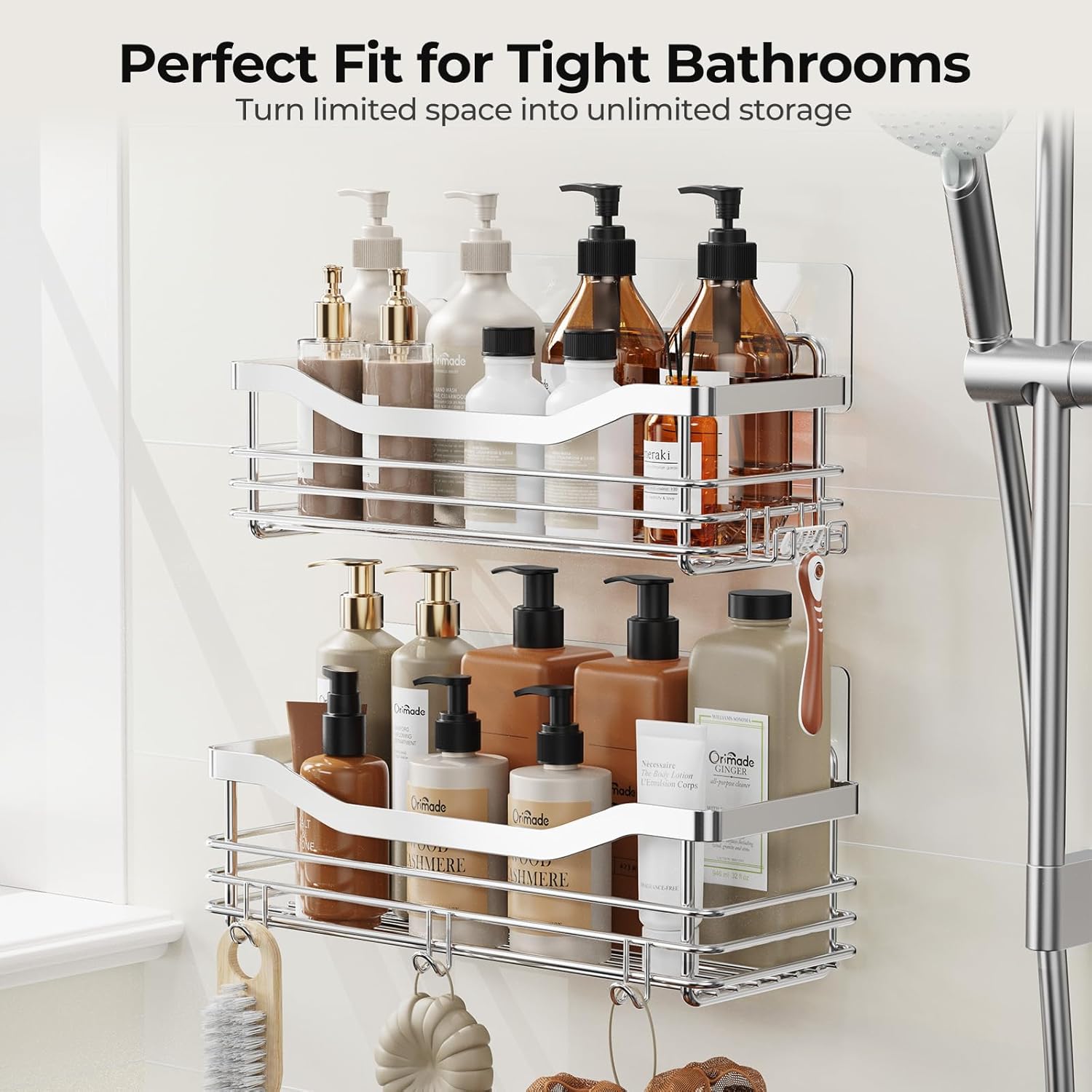Orimade Shower Caddy - Wall-Mounted Storage Rack | Rust-Resistant Stainless Steel, Pack of 2 with 5 Hooks