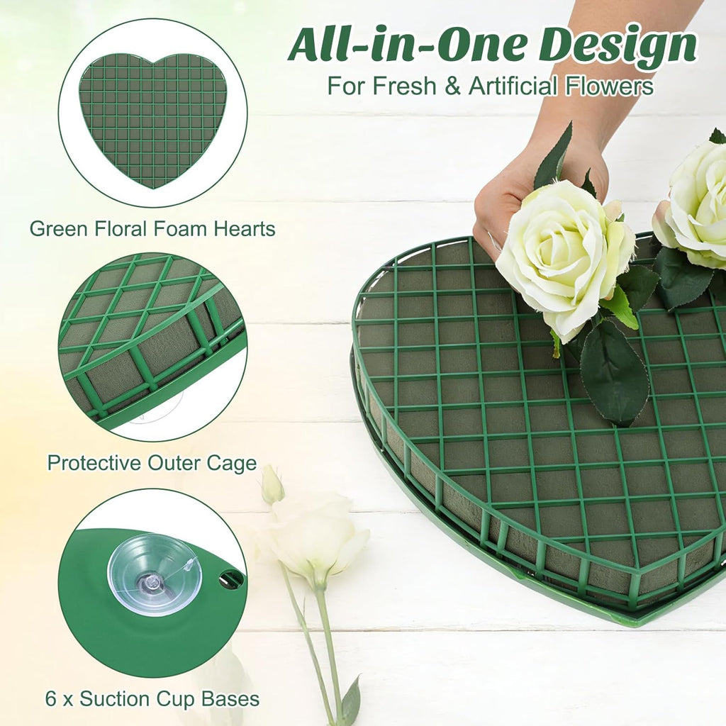 STOBOK Floral Foam Hearts - Heart Shaped Floral Foam Cage with 5 Suction Cups for Weddings & DIY Decor | Green, 12.2 x 11.4 in