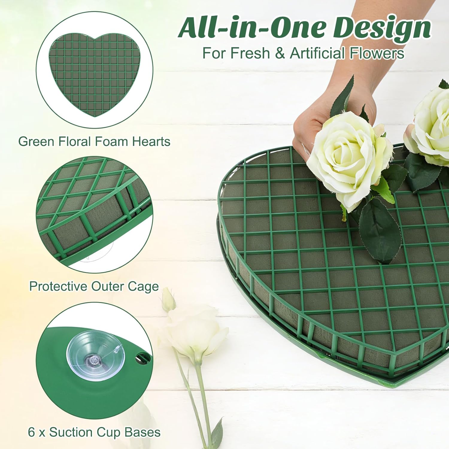 STOBOK Floral Foam Hearts - Heart Shaped Floral Foam Cage with 5 Suction Cups for Weddings & DIY Decor | Green, 12.2 x 11.4 in