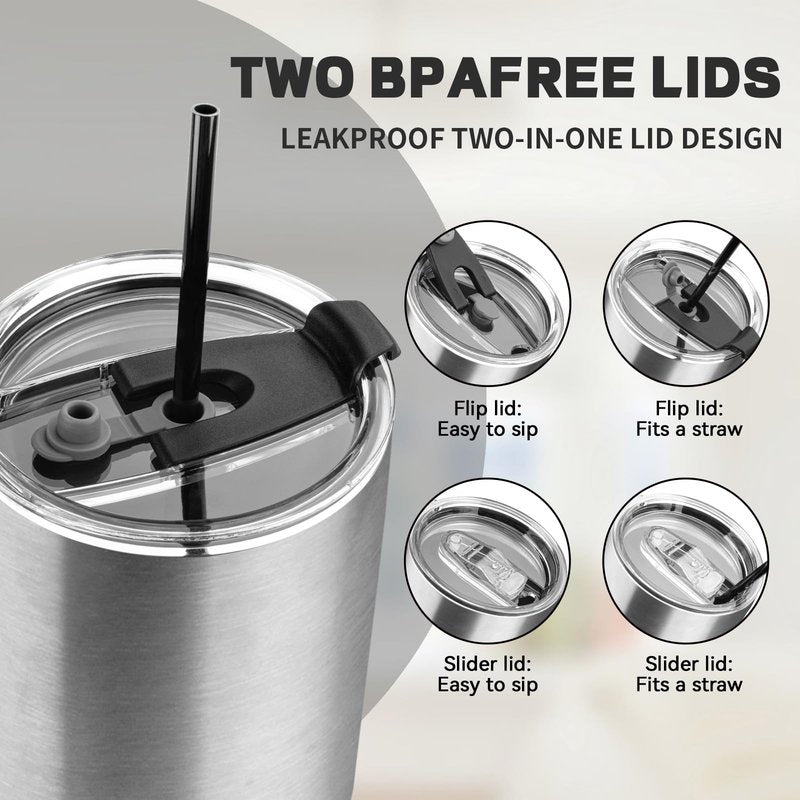 GUDEMAO 30 oz Tumbler with Lids and Straws, Stainless Steel Insulated Coffee Tumbler, Double Wall Vacuum Insulated Travel Mug Cup, Leakproof Thermal Coffee Cup for Hot and Cold Drinks(Silver)