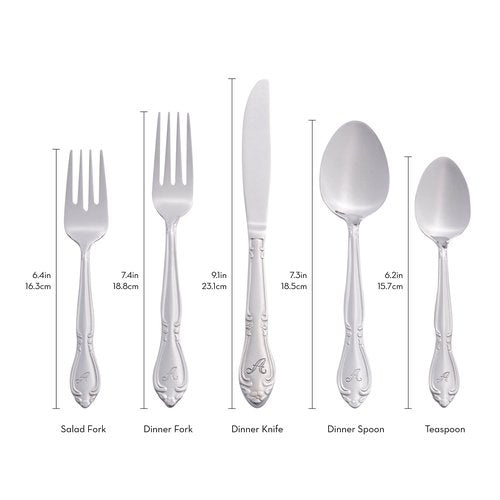 RiverRidge Rose Monogrammed Flatware Set 46 Piece Silverware - K - Utensils Set with Serving Pieces, Heavy Gauge Stainless Steel, Mirror Finish, Dishwasher Safe Cutlery for Daily Use