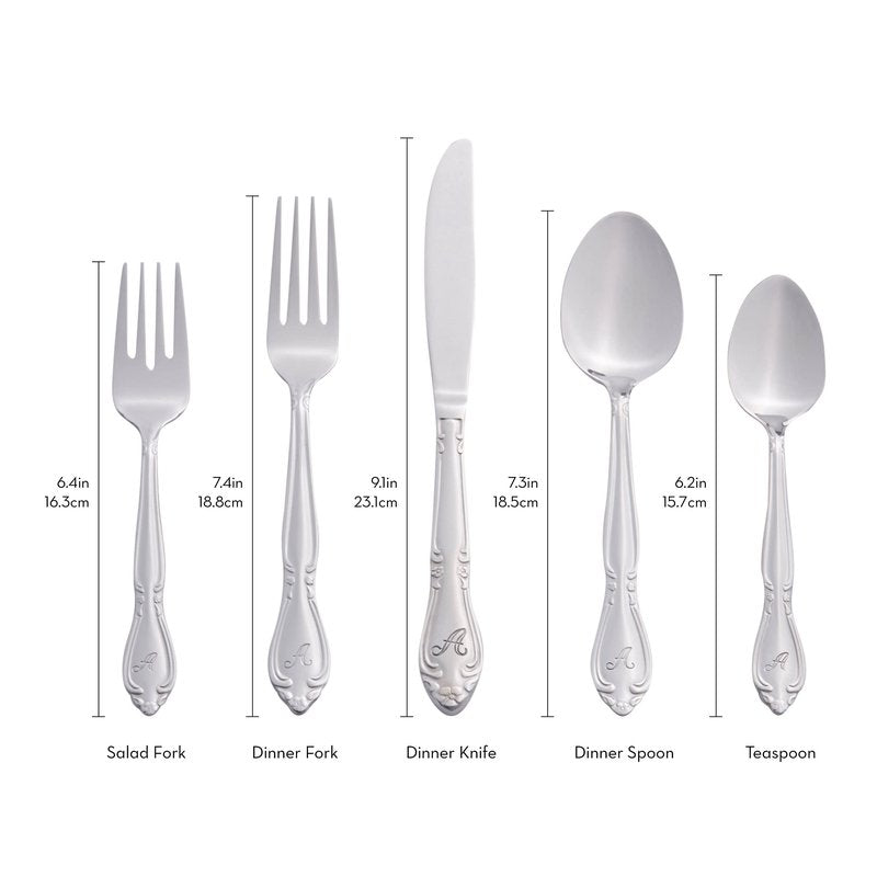 RiverRidge Rose Monogrammed Flatware Set 46 Piece Silverware - H - Utensils Set with Serving Pieces, Heavy Gauge Stainless Steel, Mirror Finish, Dishwasher Safe Cutlery for Daily Use
