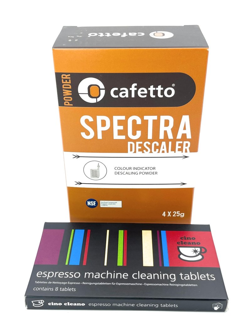 Cafetto Cino Cleano Espresso Machine Cleaning and Descaling Bundle of 8 Tablets and Box of 4 Spectra Sachets for all Breville Machines