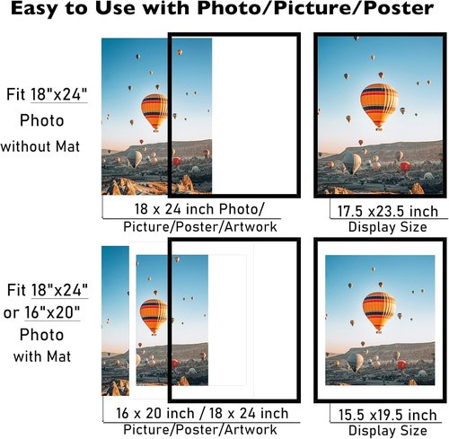 JCJMY 18x24 Picture Frame - Display 16x20 Photos with Mat or 18x24 Without Mat | Black Wall Hanging Frame