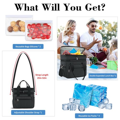 Coobiiya 23L Large Expandable Insulated Lunch Bag Cooler Bag，Lunch Box for Men Double Deck Leakproof，Heavy Duty LunchBag with 4 Ice Packs&10 Snack Cooler Bags for Camping, Travel, Kayaking & Beach