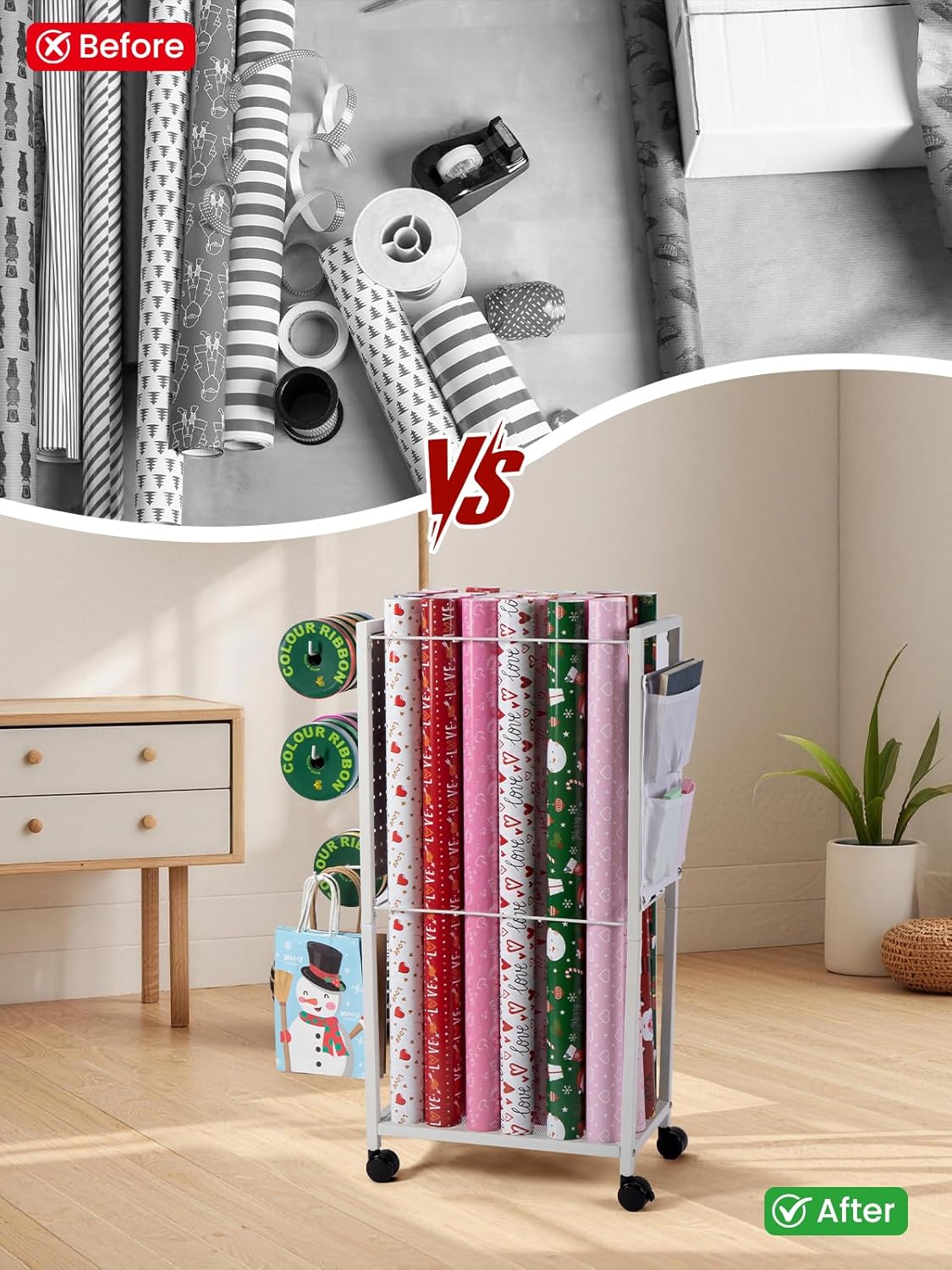 Wrapping Paper Cart - Gift Wrap Organizer with Rolling Storage Stand & Ribbon Holders | 12 PCS Slap Bracelets Included