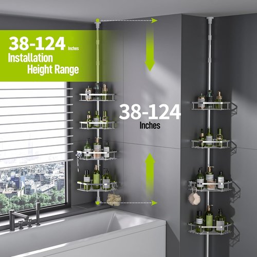 LAMU Shower Caddy - Stainless Steel Corner Tension Pole Organizer with Adjustable 4-Tier Baskets | Fits Heights 37.8-124 in