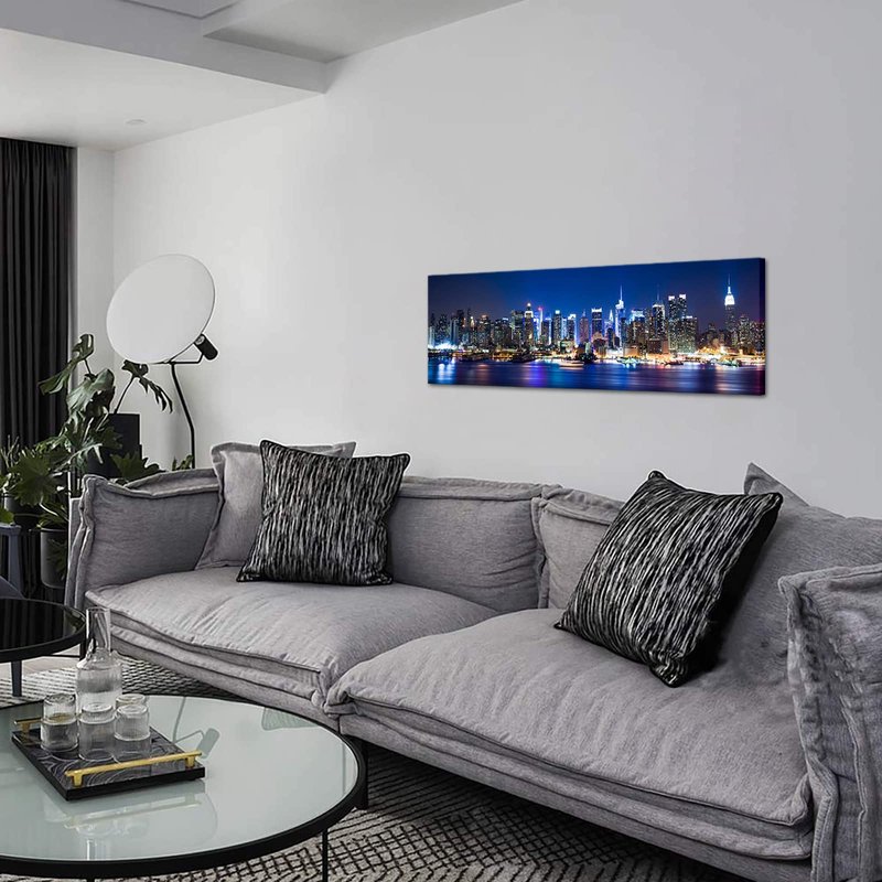 Biuteawal New York Wall Art Living Room Decor Beautiful Manhattan City Skyline Night Light Photo Poster Prints on Canvas Blue Cityscape Picture for Home Office Bedroom Decoration Ready to Hang