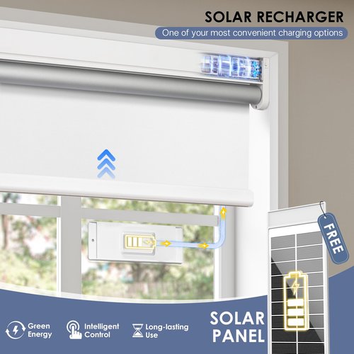Motorized Blackout Smart Roller Blinds with Remote Control & Solar Panel - Automatic Electric Shades for Windows, Compatible with Alexa - White,32" W*72" H