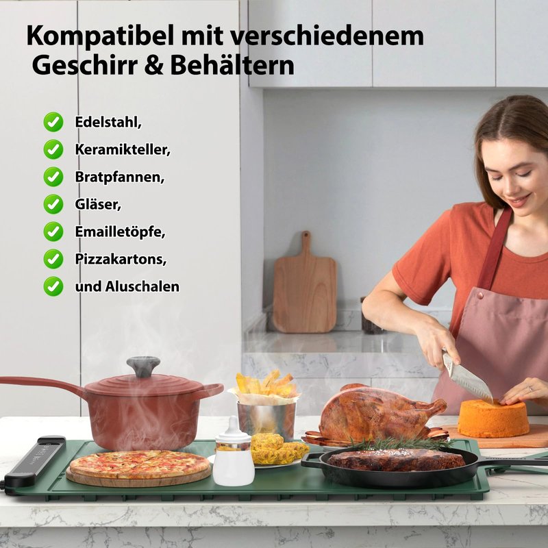 Food Warming Mat Electric Tray: Adjustable Silicone Heating Pad with 3 Temperature Settings 4 Timer Function Portable Roll Up Hot Plate for Buffets Party Gatherings Kitchen Warmer Countertop Green