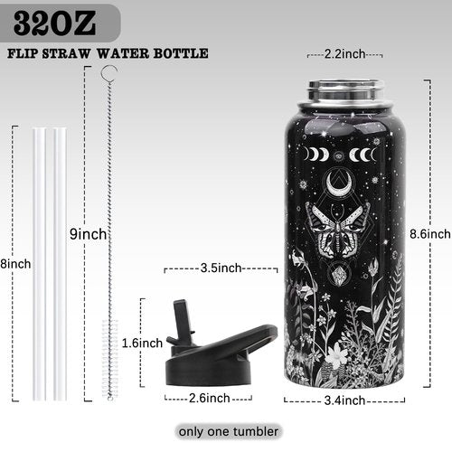 Insulated Goth Water Bottle 32 oz, Goth Gifts for Women, Halloween Gothic Water Bottle with Straw and Lid, Reusable Leakproof Water Bottle Stainless Steel