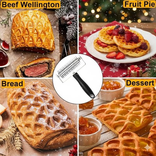 EVEDMOT Pastry Lattice Roller Cutter, Stainless Steel Multi-Wheel Dough Cutter with Comfortable Grip Handle, Pie Crust Strip Cutters for Pastry, Pizza Dough, Bread & Beef Wellington