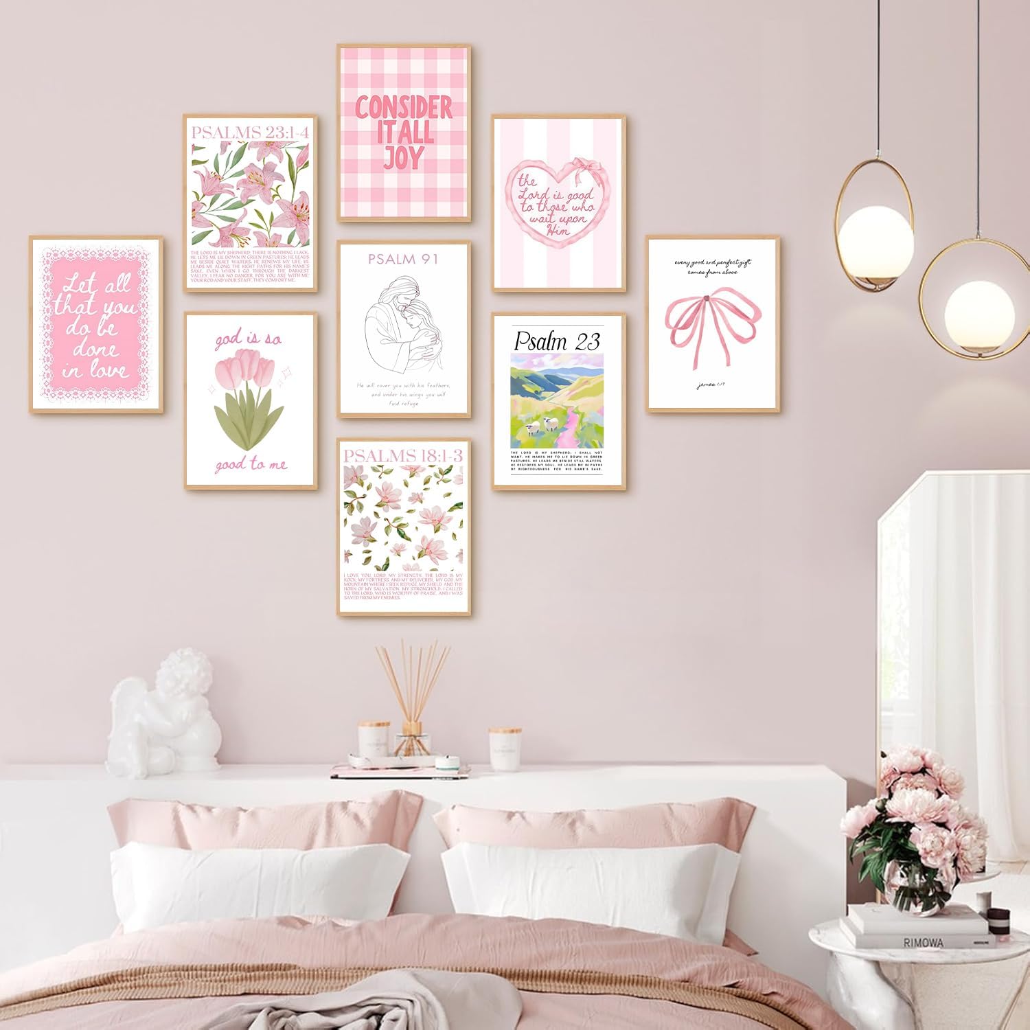 Skiennix 9-Piece Pink Christian Wall Art Set - Trendy Bible Verses & Psalms Decor | 8x10 Inch Prints for Girls' Rooms