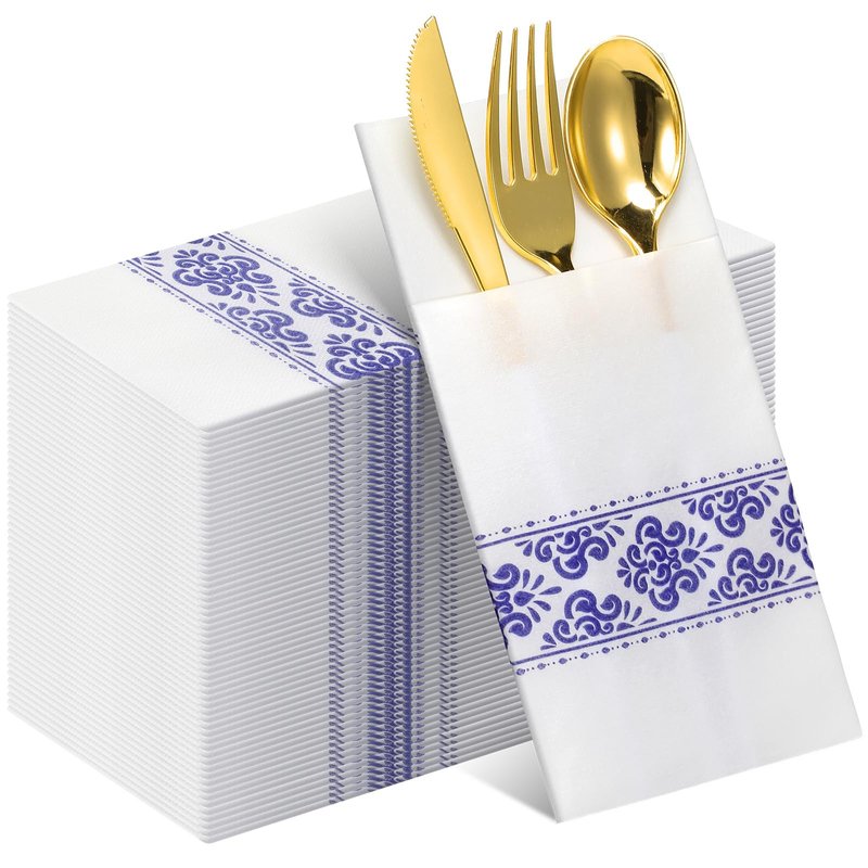 Qilery 100 Pack White Pocket Napkins Blue Floral Disposable Airlaid Paper Napkins with Built-in Flatware Pocket for Dinner and Wedding