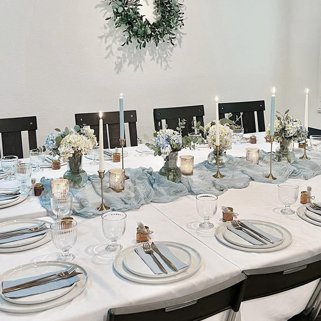 10 Pack Dusty Blue Cheesecloth Table Runner 35x120 Inch, Easter Spring Boho Rustic Semi-Sheer Gauze Cheese Cloth Table Runner for Wedding Bridal Baby Shower Birthday Party Decor