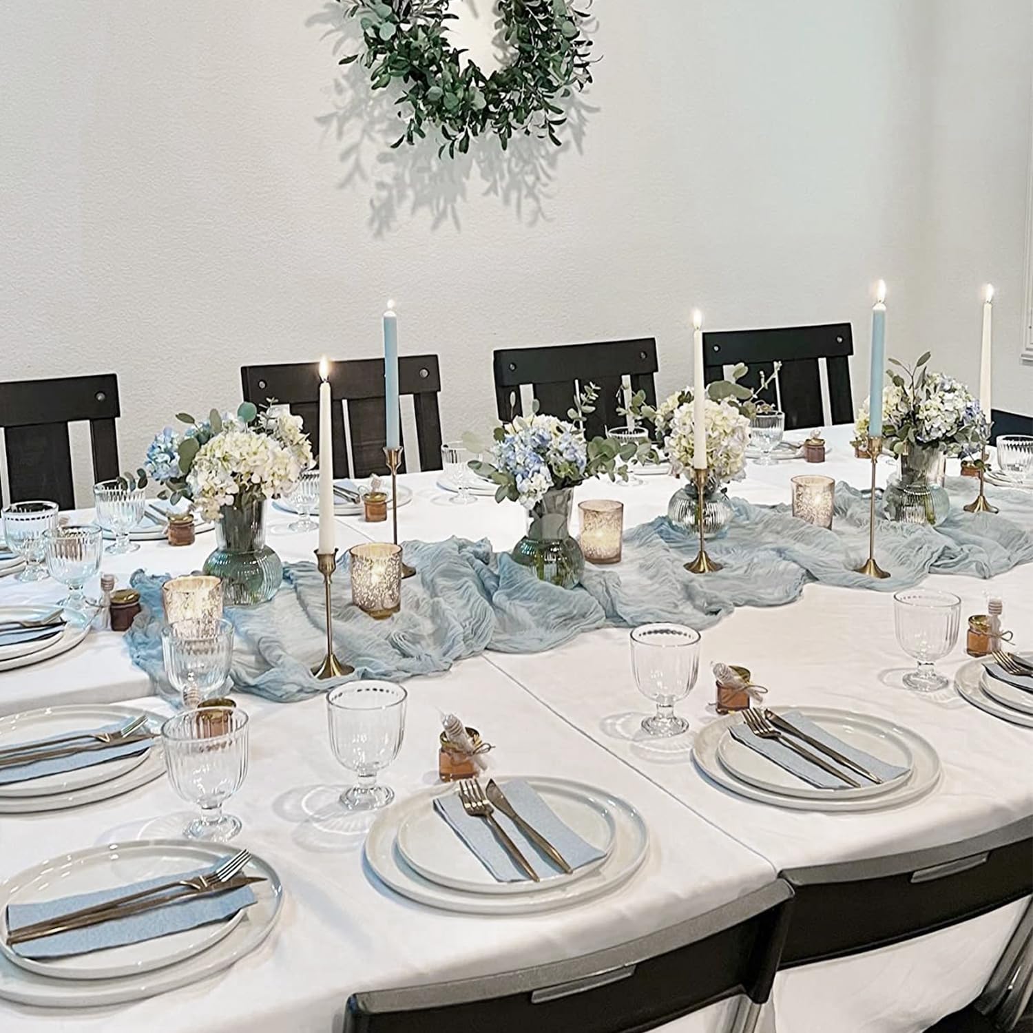 10 Pack Dusty Blue Cheesecloth Table Runner 35x120 Inch, Easter Spring Boho Rustic Semi-Sheer Gauze Cheese Cloth Table Runner for Wedding Bridal Baby Shower Birthday Party Decor