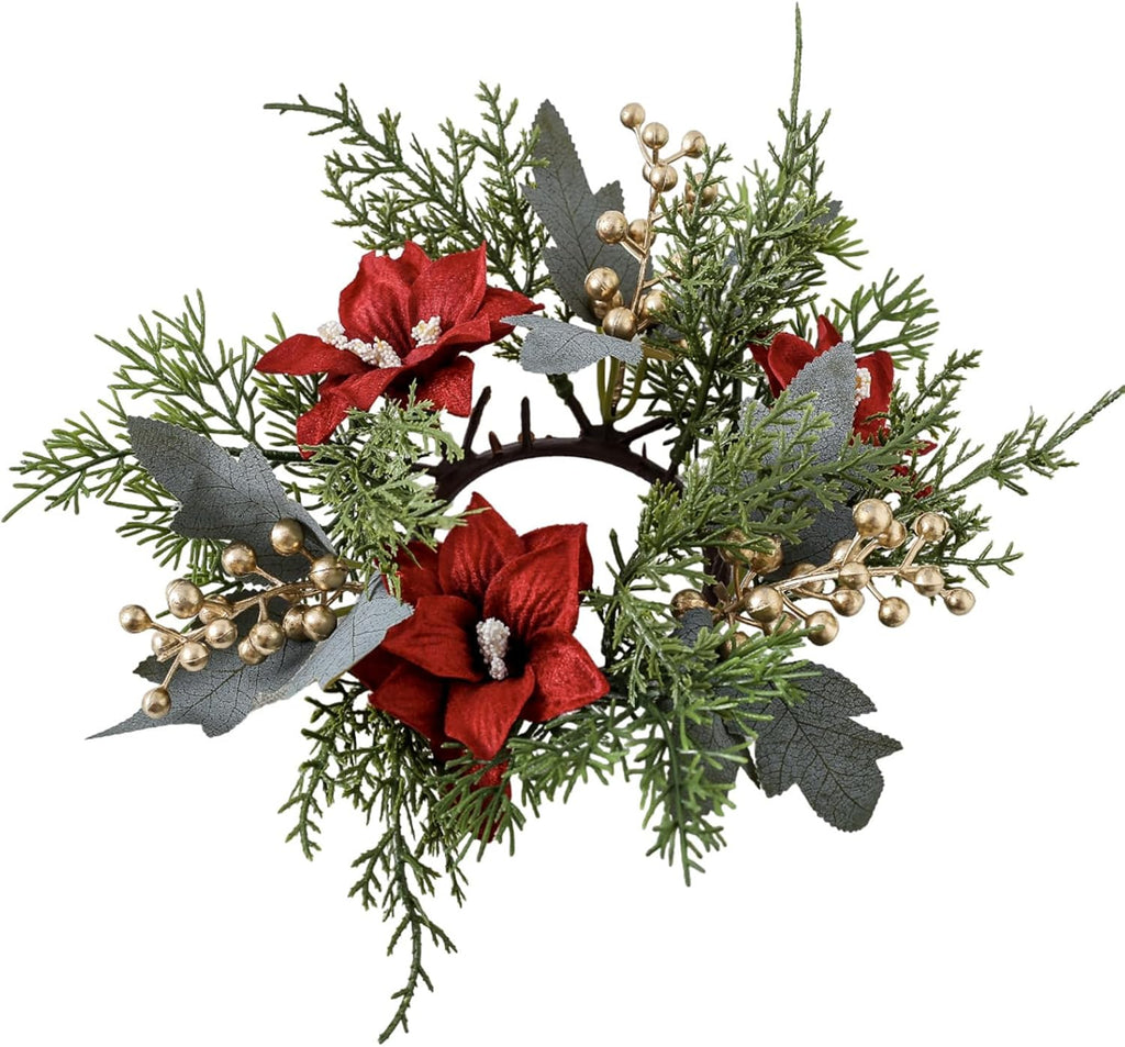 Regine Switzerland Christmas Candle Rings - Artificial Flower & Gold Berries Decor | 2-Piece Set
