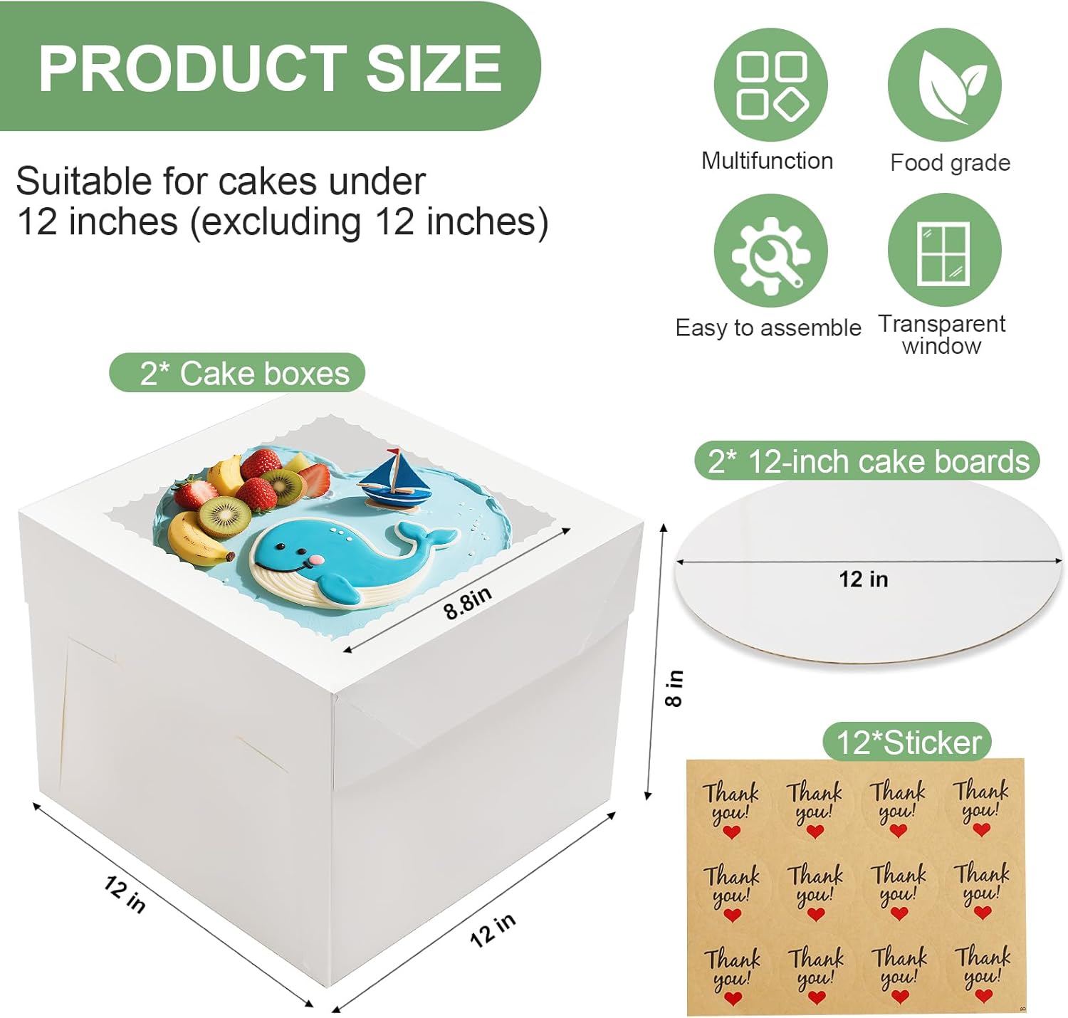 Regine Switzerland 2 Pack Cake Boxes - 12x12x8 Inches with Large Window | Disposable Bakery Containers for Cakes, Cookies, Pies