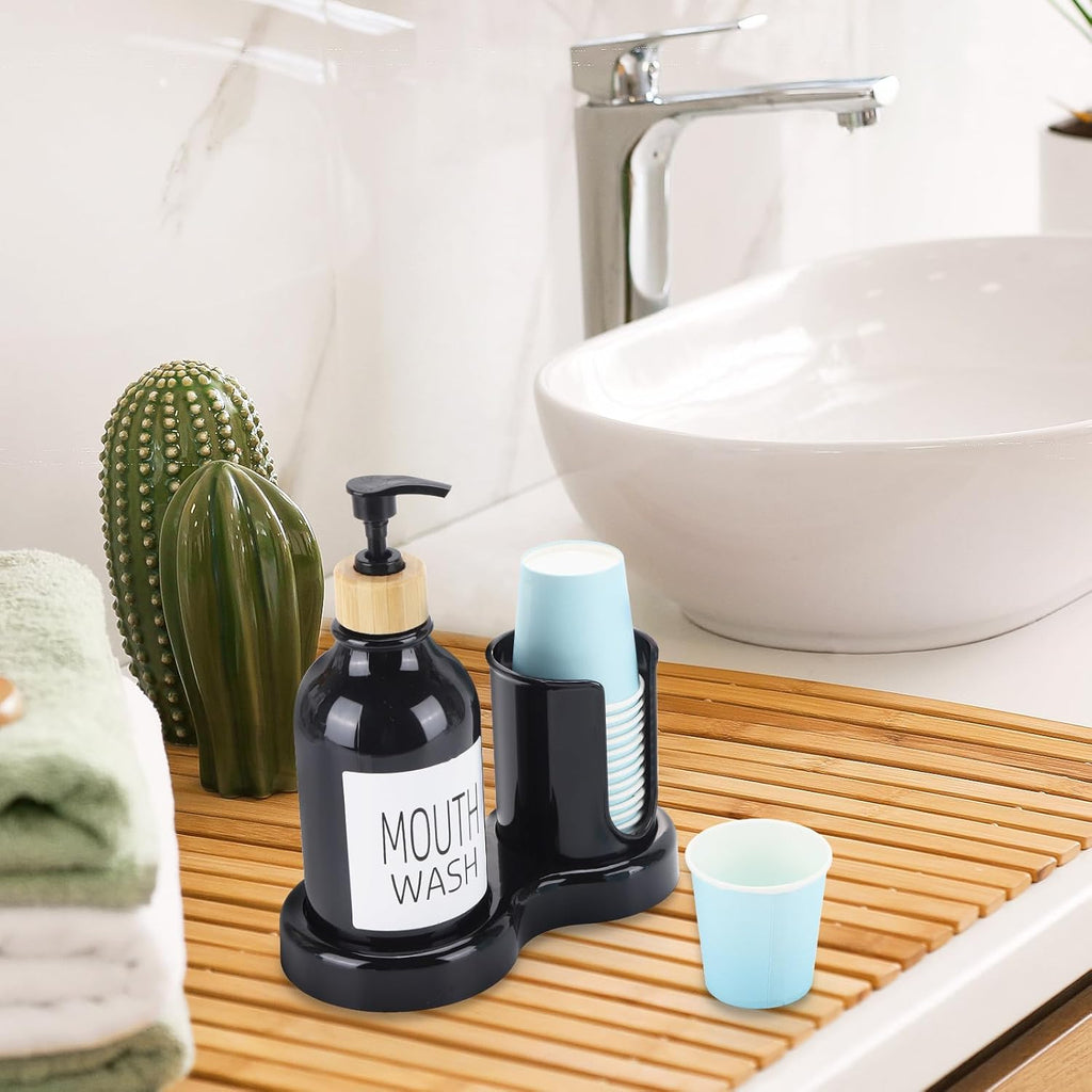 Skiennix Mouthwash Dispenser - 16oz Plastic Container with Cup Holder & Tray - Sleek Black Design