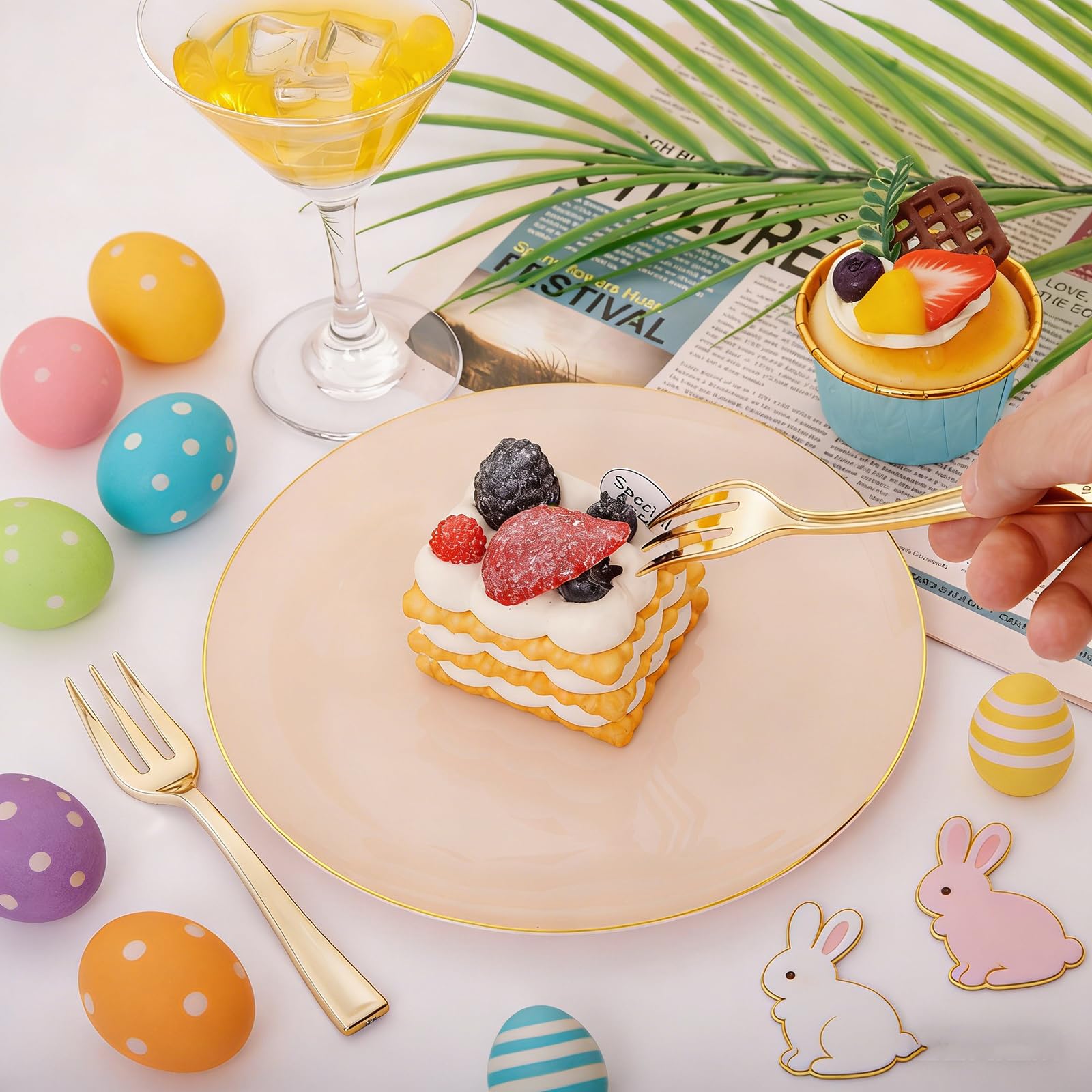 LIYH 200 Pcs Pink Gold Dessert Plates and Forks, Small Cake Plates 7.5 Inch, Party Plate and Forks 5 Inch for Bridal Shower, Birthday Tea Party,Easter