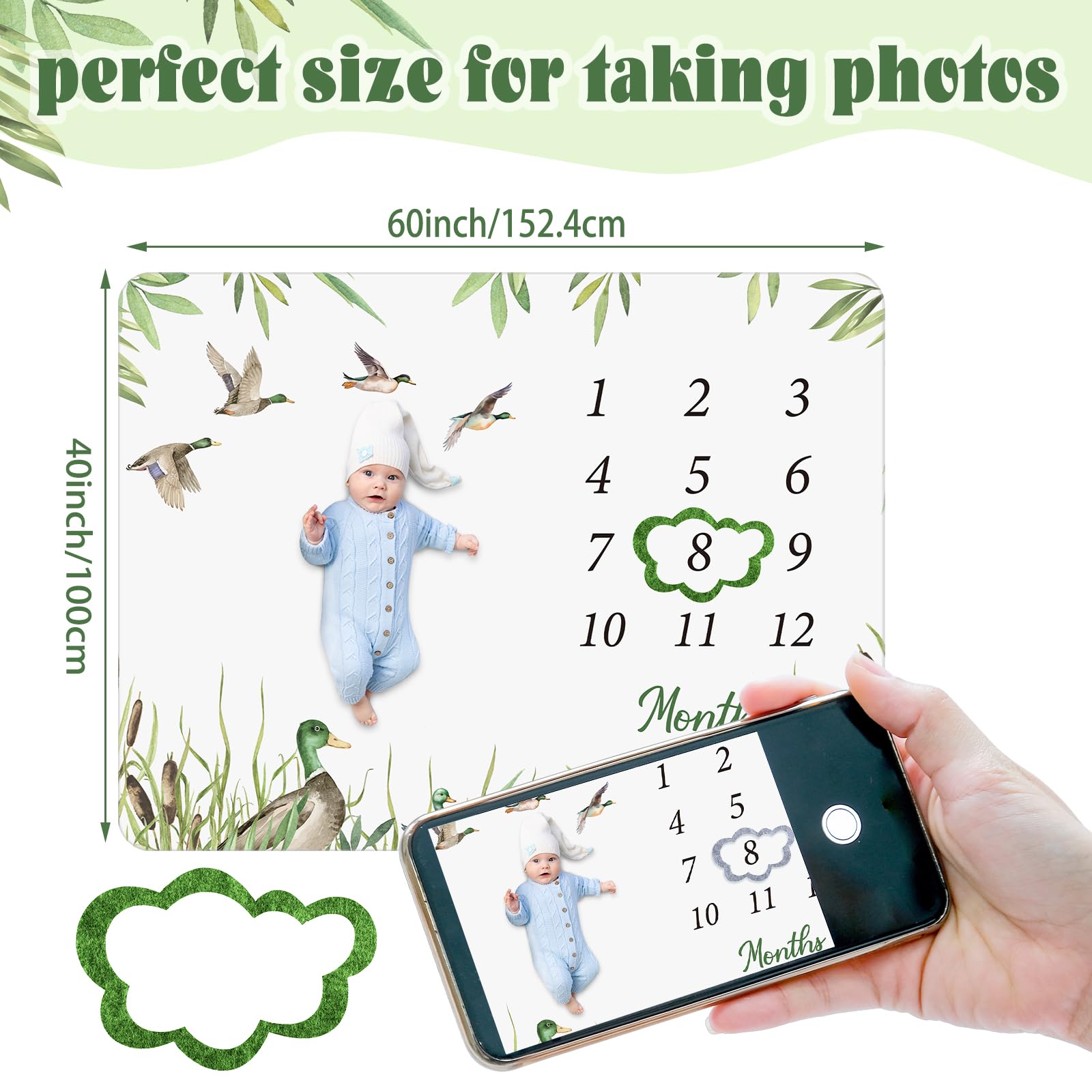 Preboun Baby Monthly Milestone Blanket 40"x60" Mallard Duck Months Blanket Photo Props Mallard Duck Stuff Growth Chart Milestone Gift for Boy or Girl with Felt Marker Newborn Photoshoot