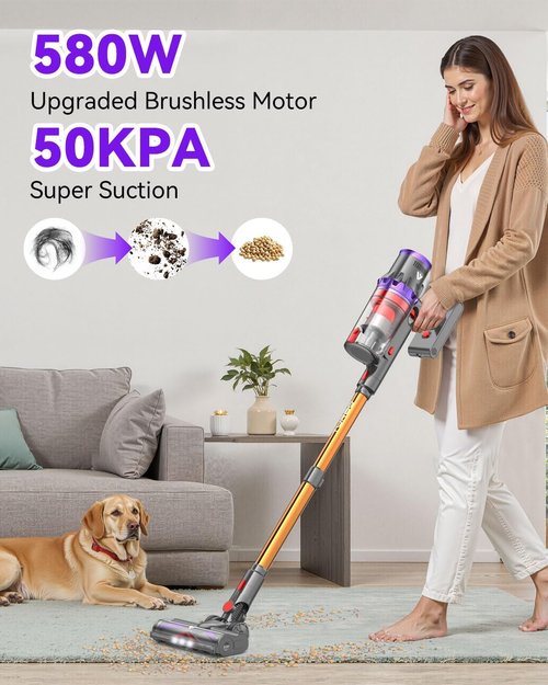 Coovy SU7 Cordless Vacuum Cleaner - 580W Powerful 50Kpa Suction | 80-Minute Runtime, Touch Screen, Lightweight, Gold