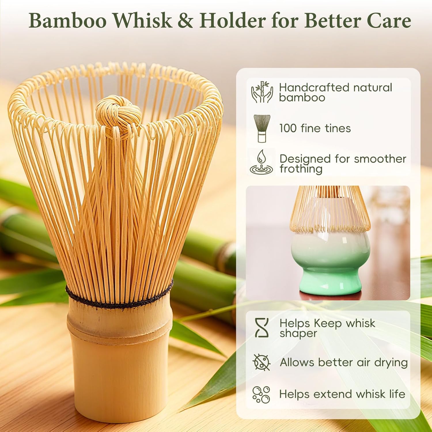Skiennix Matcha Whisk Set - Complete 6PCS Ceramic Kit with Bowl, Bamboo Whisk, Scoop & Sifter (Green)