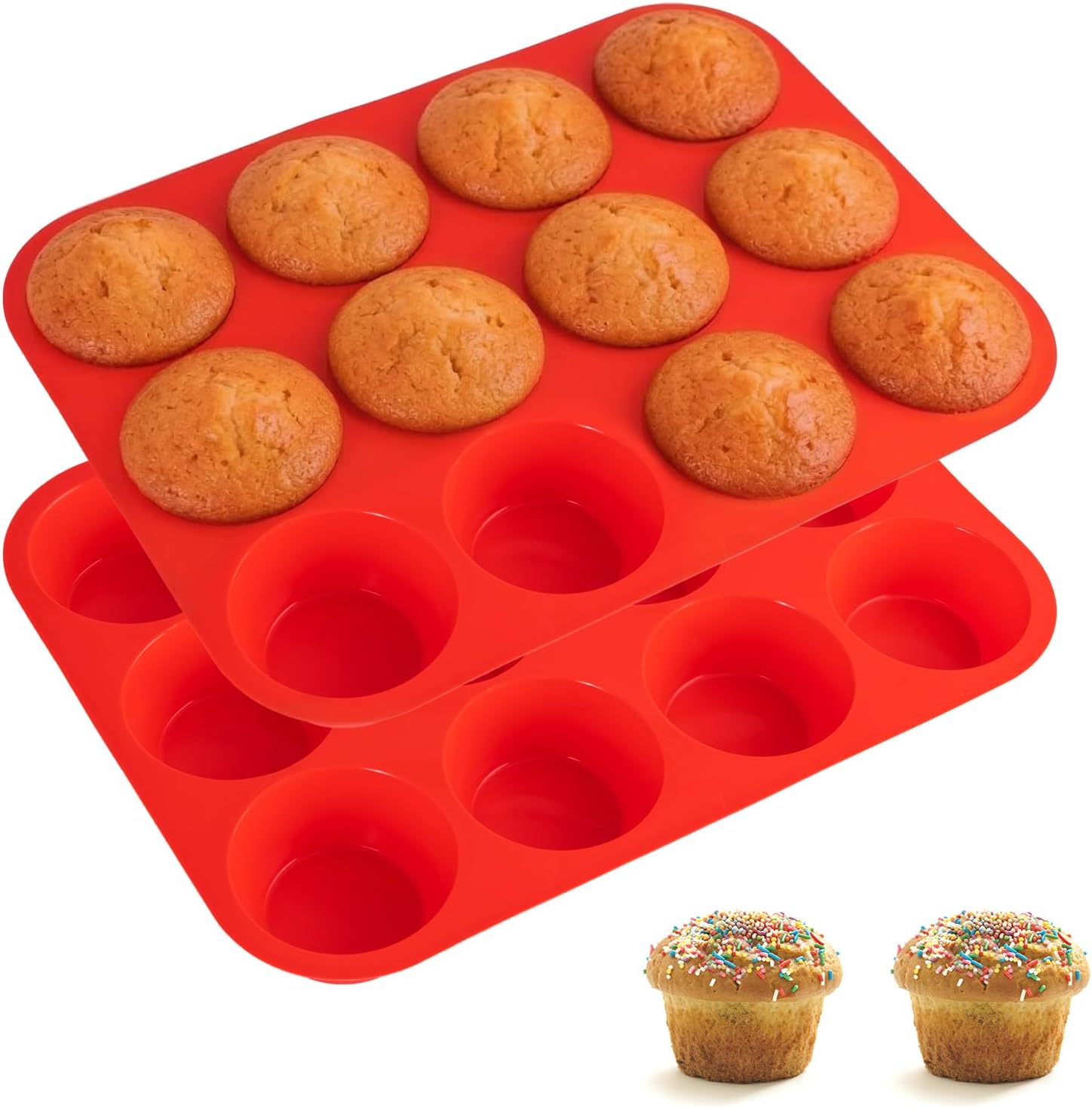 Skiennix Silicone Cupcake Pan - Nonstick 12-Cup Muffin Pans | Durable & Flexible, Easy to Clean, Red