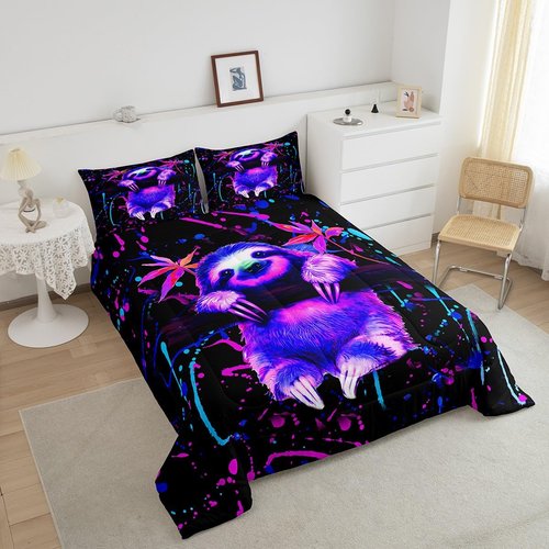 Feelyou Graffiti Sloth Bedding Set - Cute Cartoon Sloth Comforter & 2 Pillow Cases - Queen Size