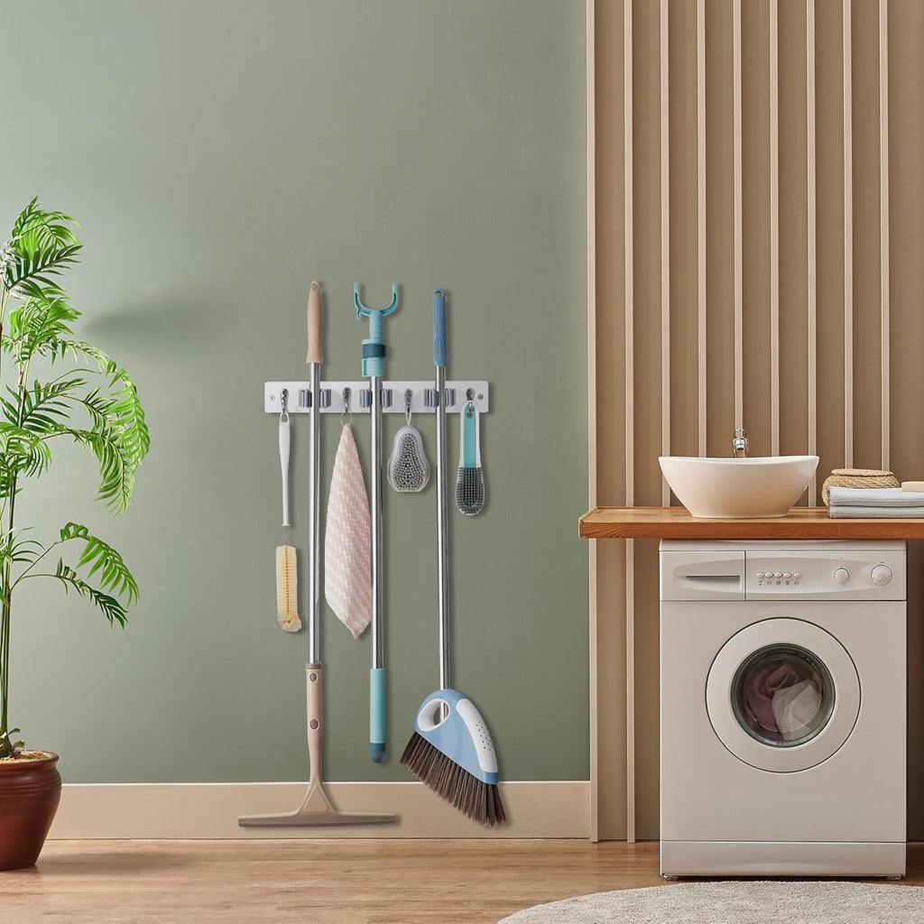 OUTNILI Wall-Mounted Mop Broom Holder - 3 Slots & 4 Hooks for Kitchen & Garden Organization