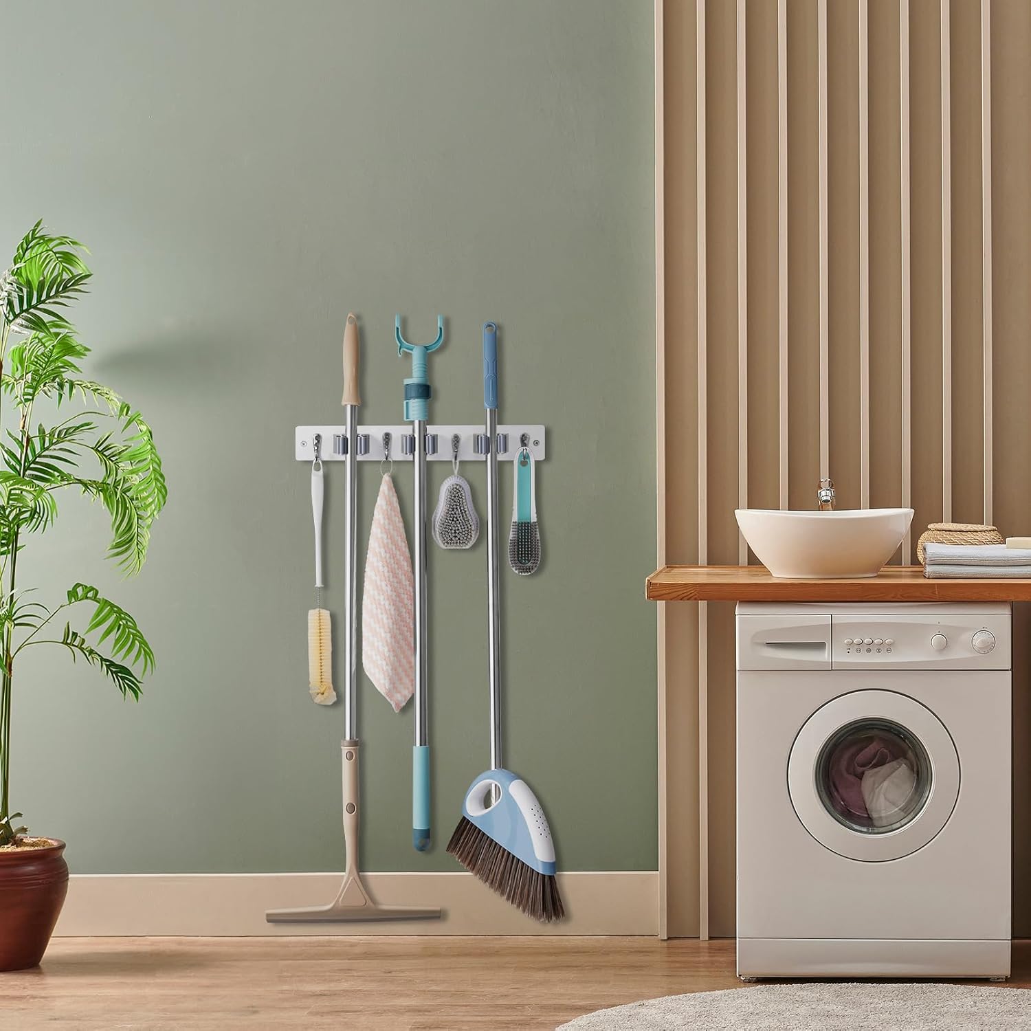 OUTNILI Wall-Mounted Mop Broom Holder - 3 Slots & 4 Hooks for Kitchen & Garden Organization