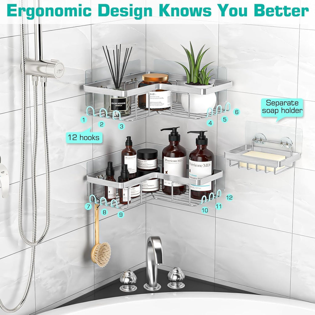 YASONIC Corner Shower Caddy - Rustproof Stainless Steel Bathroom Organizer | No Drilling, 3-Pack, Brushed Silver