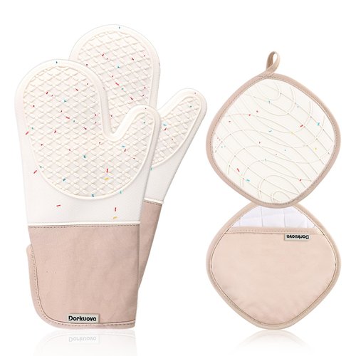 Dorkuova Oven Glove Cute,Cooking Mittens,Oven Mittens for Kitchen,Oven Gloves for Kitchen,Washable Silicone Oven Mitts Heat Resistant 500°F, Potholders for Kitchens Cooking Baking(Cream