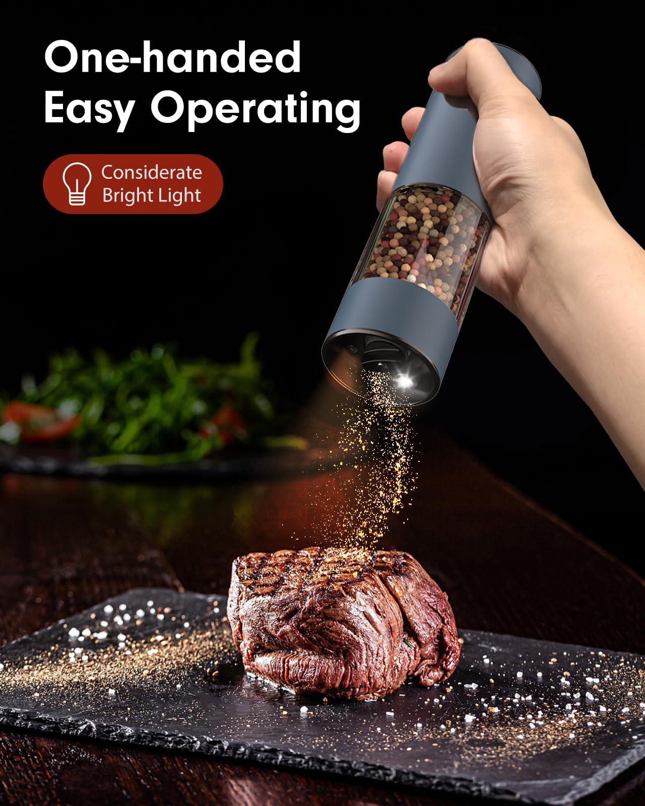 TOMEEM Upgraded Larger Capacity Electric Salt and Pepper Grinder Set Rechargeable with LED lights, Stainless Steel Automatic Pepper and Salt Grinder Refillable with 5 Adjustable Coarseness Blue