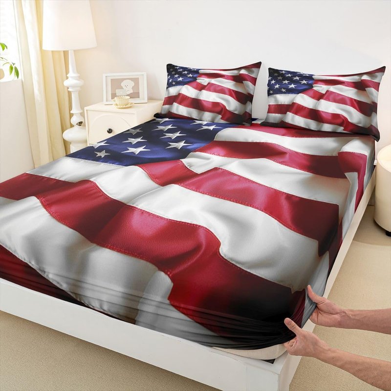 United States Fitted Sheet American Flag Blue Red Printing Bedding Set for Kids Teens Adult USA Federations Stars Stripe Fitted Bed Sheet Queen Size 1 Fitted Sheet with 2 Pillow Cases(No Top Sheet)