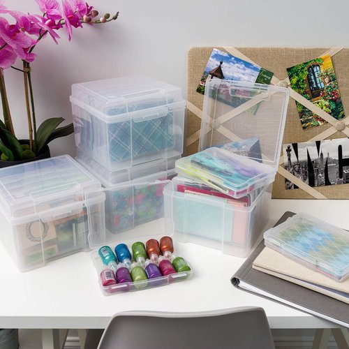 IRIS USA Photo Organizers - 5" x 7" Storage Box with Handle & 6 Inner Cases for Stickers, Ephemera, & Flashcards - Clear
